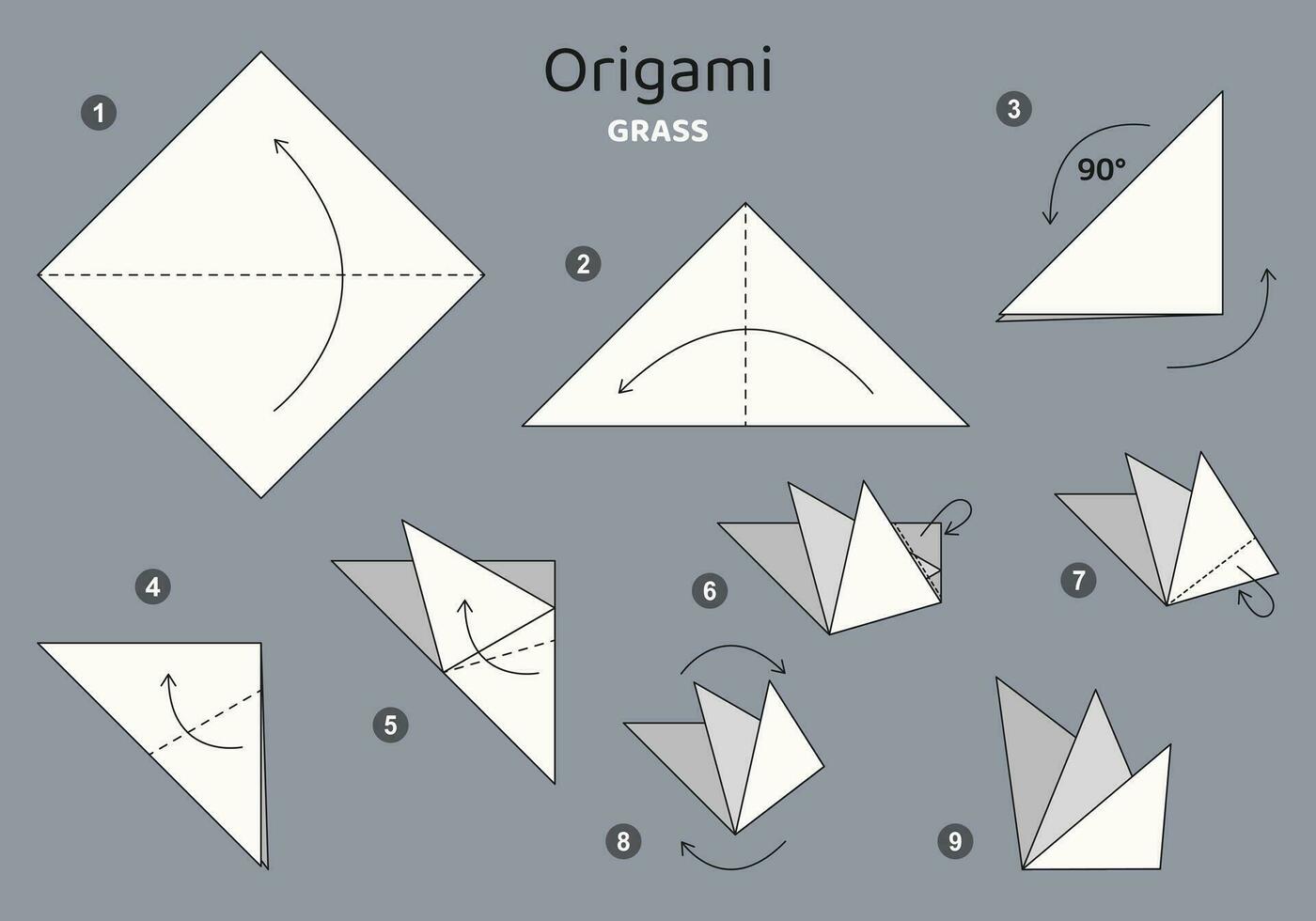 Gras Origami planen Lernprogramm ziehen um Modell- auf grau Hintergrund. Origami zum Kinder. Schritt durch Schritt Wie zu machen ein süß Origami Pflanze. Vektor Illustration.