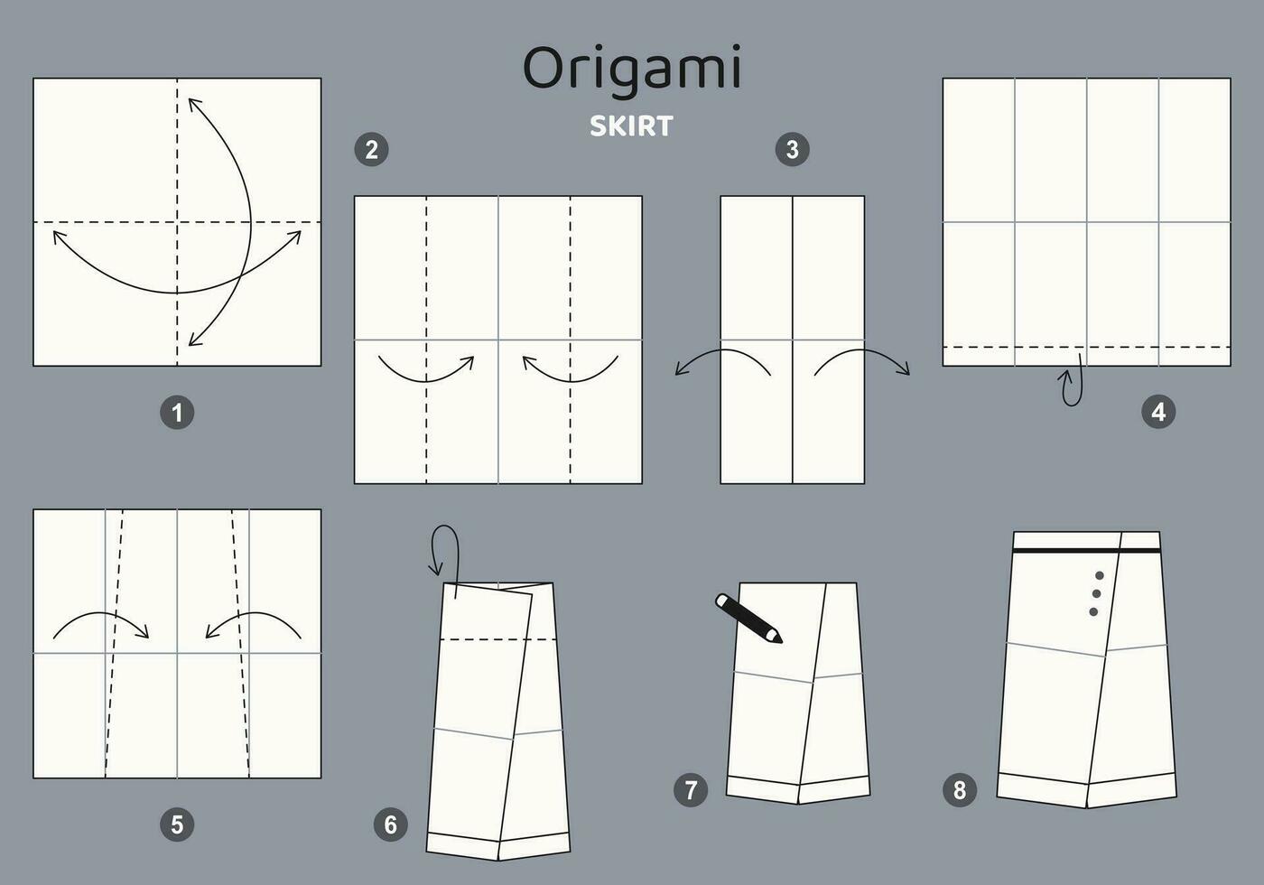 Rock Origami planen Lernprogramm ziehen um Modell- auf grau Hintergrund. Origami zum Kinder. Schritt durch Schritt Wie zu machen ein süß Origami Stoff zum Frauen. Vektor Illustration.