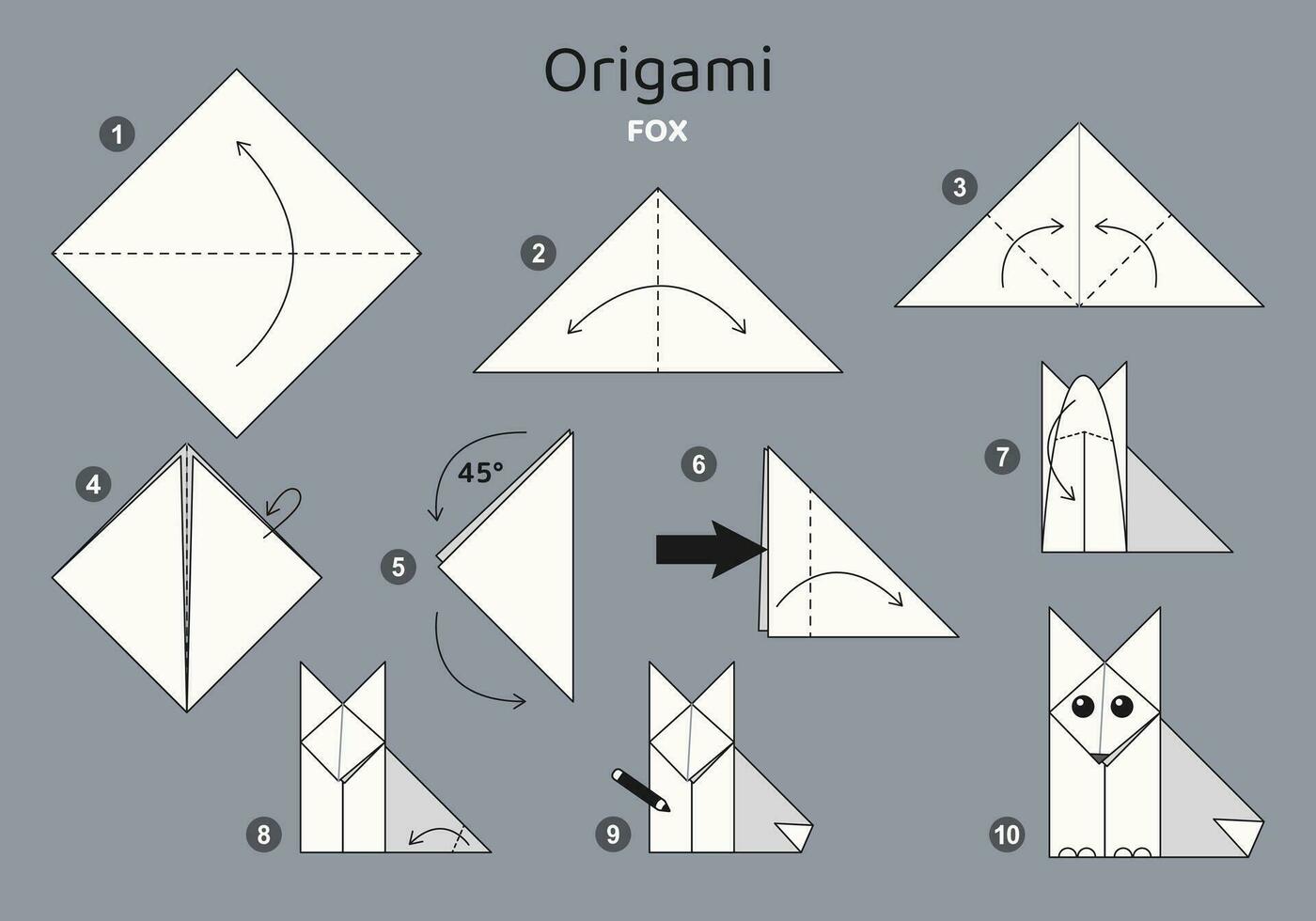 Fuchs Origami planen Lernprogramm ziehen um Modell- auf grau Hintergrund. Origami zum Kinder. Schritt durch Schritt Wie zu machen ein süß Origami Fuchs. Vektor Illustration.