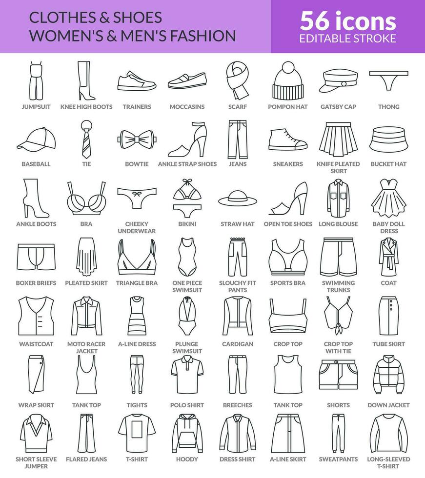 Kläder, skor och Tillbehör linje ikoner. mode Kläder för män och kvinnor. linjär ikon uppsättning med redigerbar stroke. isolerat 56 vektor ikoner.