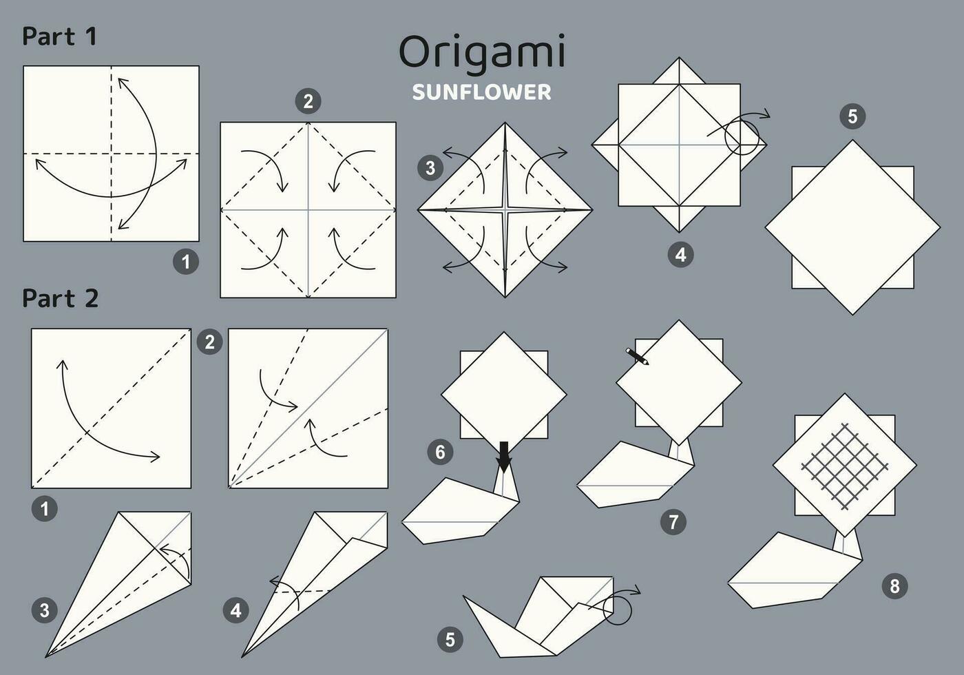 solros origami schema handledning rör på sig modell på grå bakgrund. origami för ungar. steg förbi steg på vilket sätt till göra en söt origami blomma. vektor illustration.