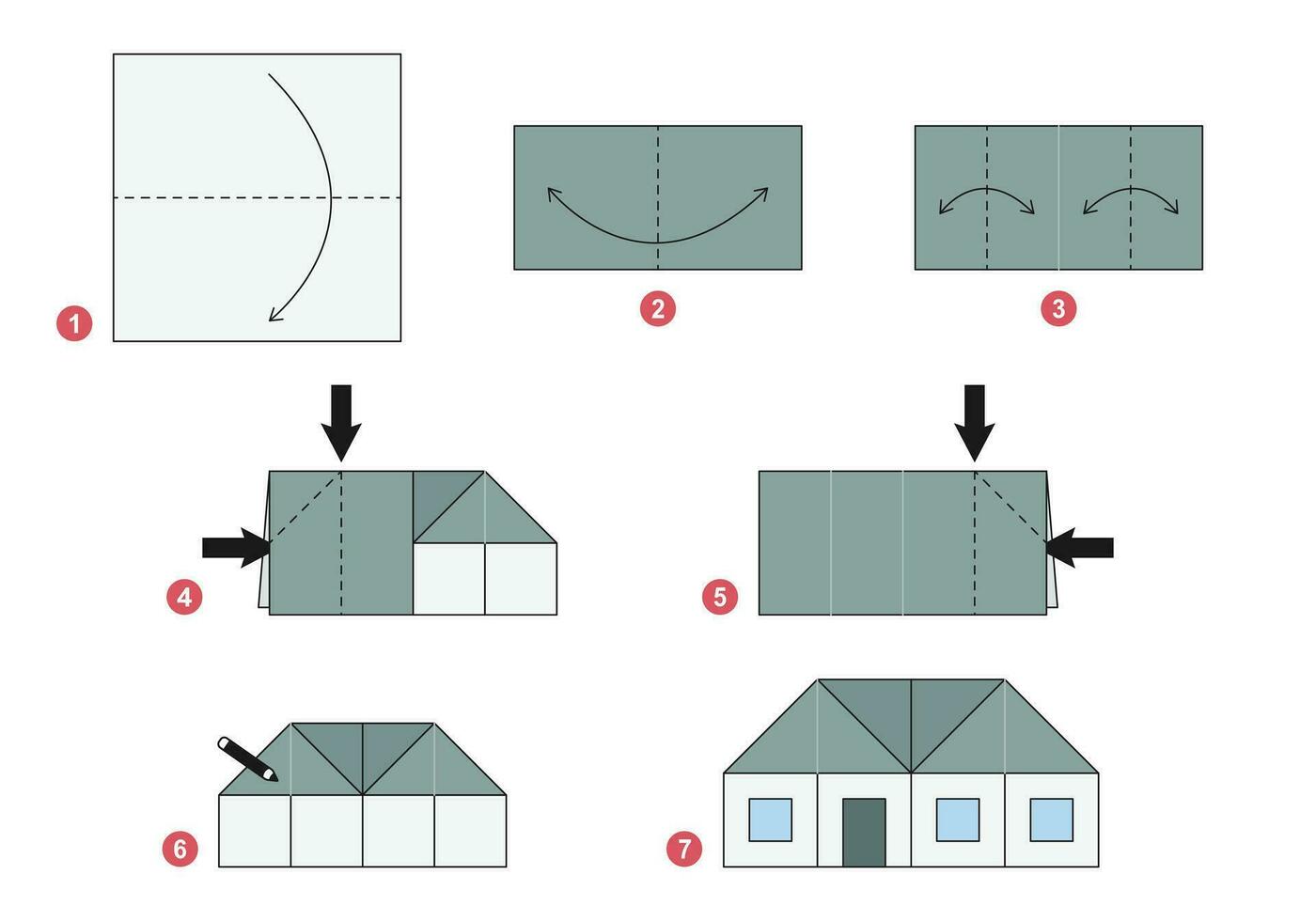 små hus origami schema handledning rör på sig modell. origami för ungar. steg förbi steg på vilket sätt till göra en söt origami hus. vektor illustration.