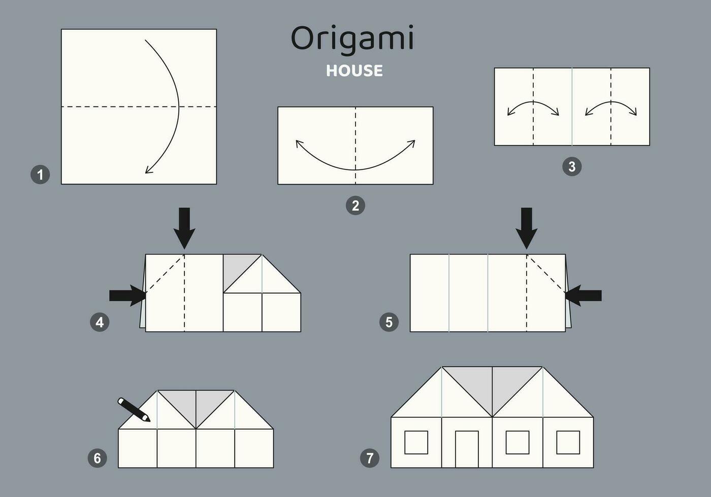 klein Haus Origami planen Lernprogramm ziehen um Modell- auf grau Hintergrund. Origami zum Kinder. Schritt durch Schritt Wie zu machen ein süß Origami Haus. Vektor Illustration.