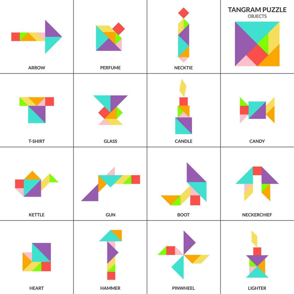 Tangram Puzzle Spiel zum Kinder. Vektor bunt Sammlung mit verschiedene isoliert Objekte. isoliert Tangram Objekte Symbole auf Weiß Hintergrund. Vektor Illustration