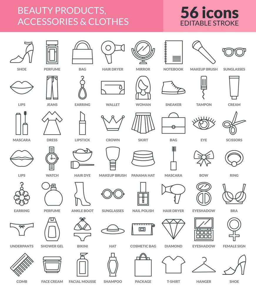 uppsättning av 56 tunn linje ikoner relaterad till skönhet Produkter, kosmetisk, kläder, skor, påsar och Tillbehör. linjär skönhet enkel symbol samling med inskriptioner. vektor illustration. redigerbar stroke