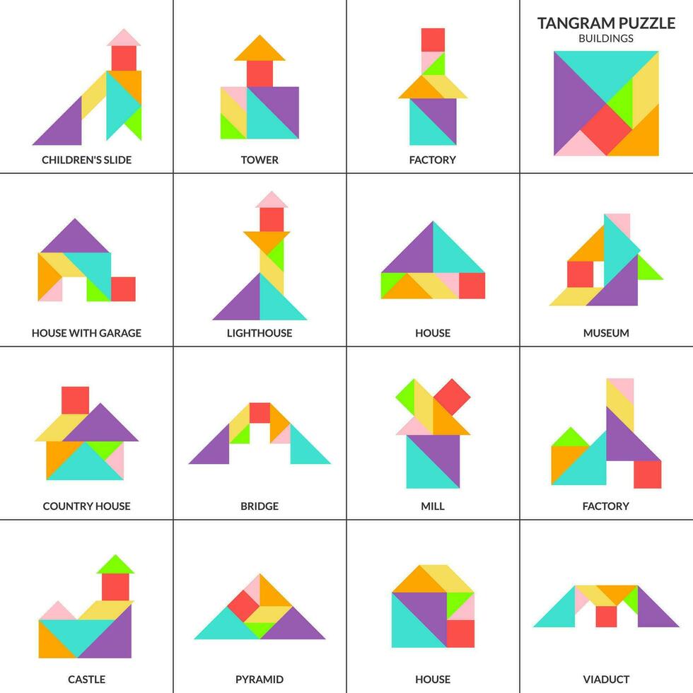 Tangram Puzzle Spiel zum Kinder. Vektor bunt Sammlung mit verschiedene isoliert Gebäude. isoliert Tangram Gebäude Symbole auf Weiß Hintergrund. Vektor Illustration