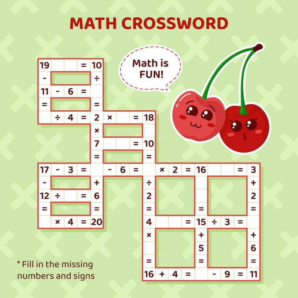 Mathematik Kreuzworträtsel Puzzle zum Kinder. Zusatz, Subtraktion, Multiplikation und Aufteilung. Zählen oben zu 20. Vektor Illustration. Kreuzworträtsel Spiel mit Karikatur Kirsche. Aufgabe, Bildung Material zum Kinder.