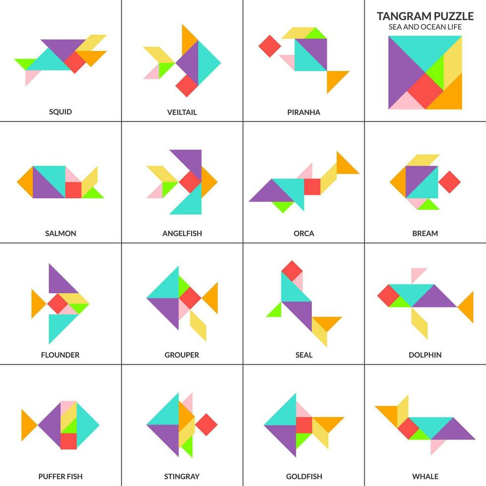 Tangram Puzzle Spiel zum Kinder. Vektor bunt Sammlung mit verschiedene isoliert Fisch. isoliert Tangram Meer und Ozean Leben Symbole auf Weiß Hintergrund. Vektor Illustration