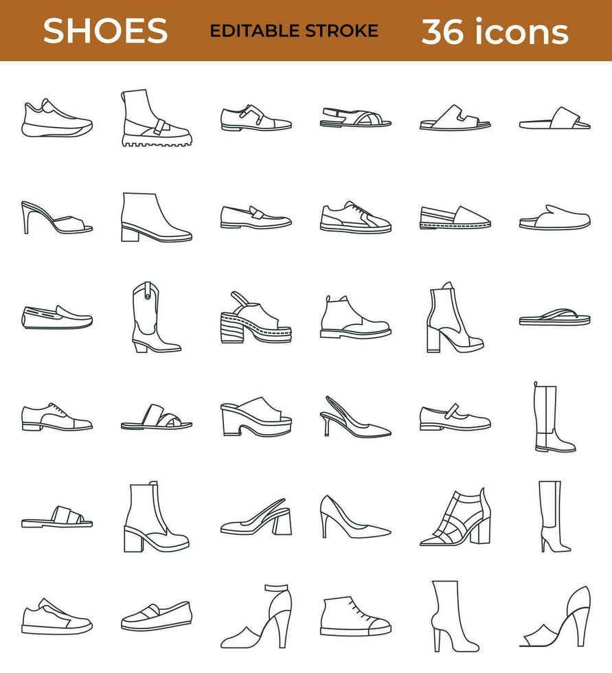 groß einstellen von verschiedene Schuhe Linie Symbole. Mode Schuhe, Stiefel, Sportschuhe, Maultiere, Folien, Stilett, Turnschuhe, Espadrilles zum Frauen. linear Symbol einstellen mit editierbar Schlaganfall. isoliert 36 Vektor Symbole.