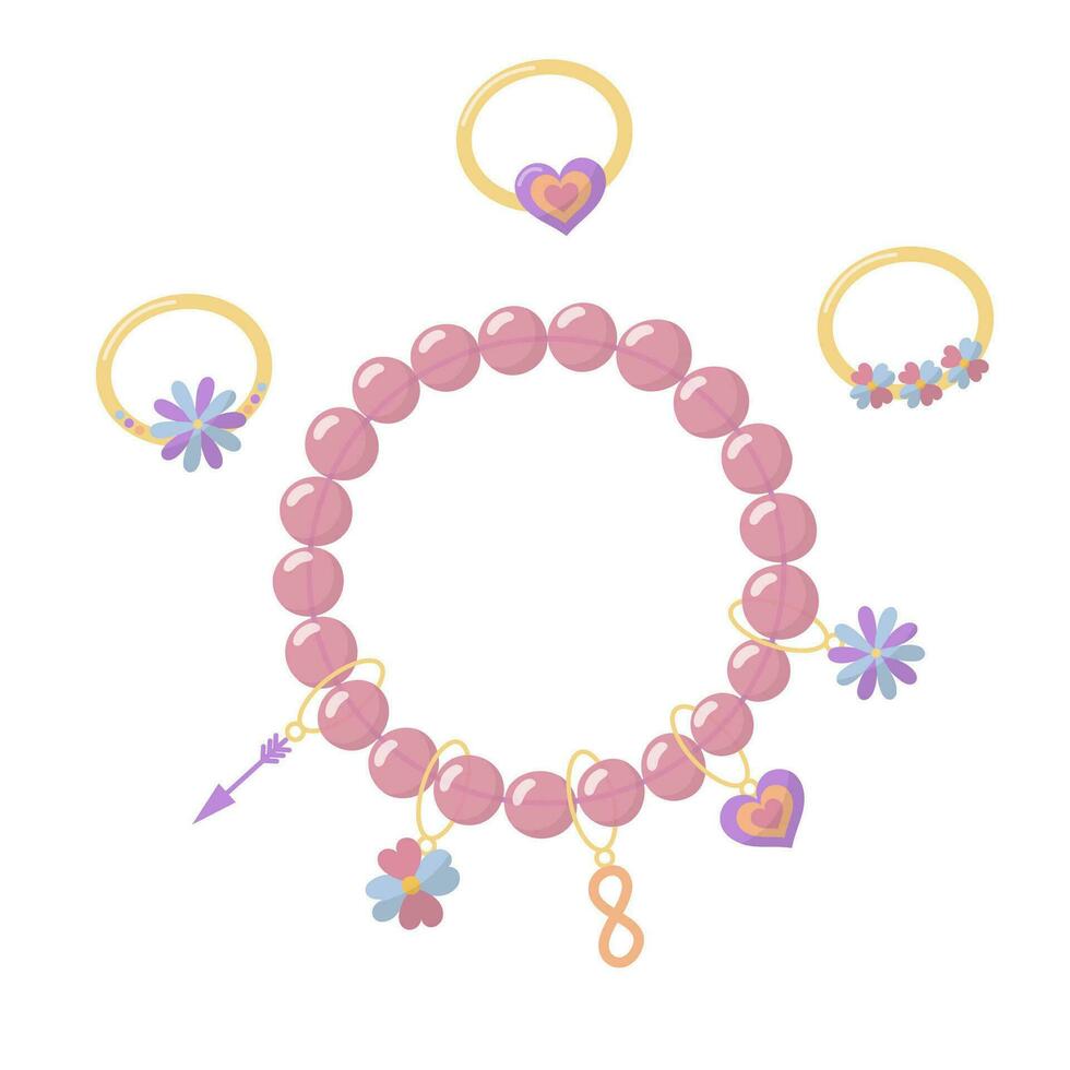 samling av vektor Smycken och barns ornament. armband tillverkad av handgjort plast pärlor med blomma hängen, en hjärta och ett pil, en tecken av oändlighet. sommar mode färgrik ringar.