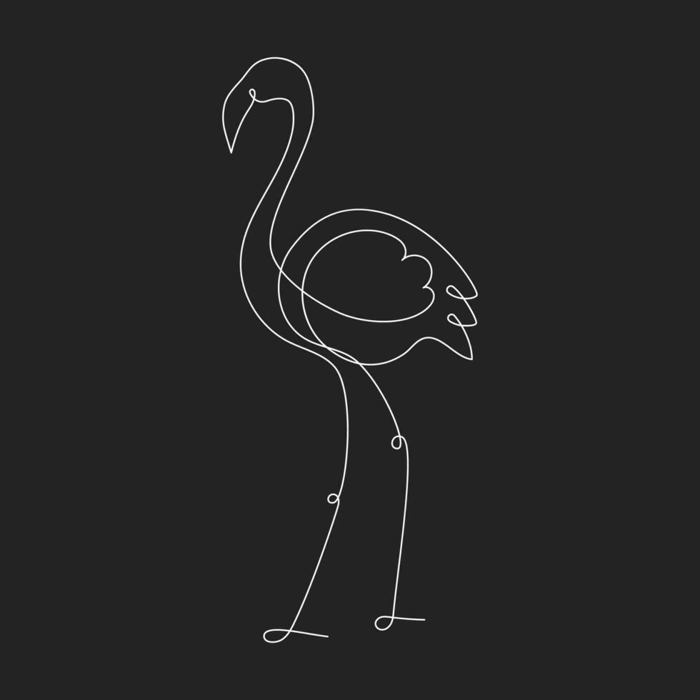 flamingo vit ett kontinuerlig linje illustration isolerat på svart bakgrund. enda linje konst. hand dra tropisk fågel. enkel översikt stil. vektor illustration för kort, affisch, logotyp