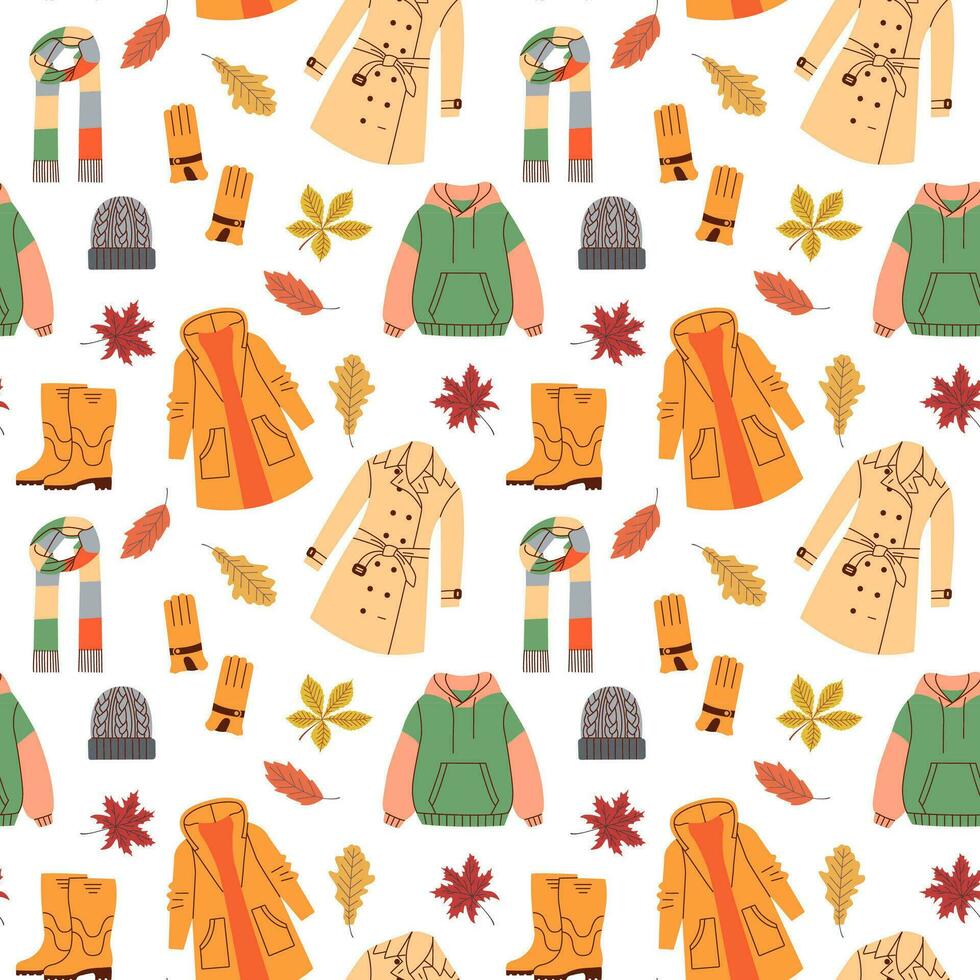 höst Kläder mönster. tillfällig bär, utomhus- kläder, regnig säsong Tillbehör, skor, regnrockar och handskar och orange löv, vektor tecknad serie platt uppsättning.