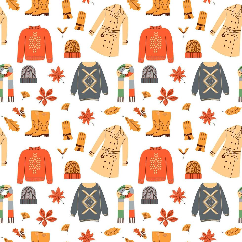 Herbst Kleidung Muster. beiläufig trägt, draussen Outfits, regnerisch Jahreszeit Zubehör, Schuhe, Regenmäntel und Handschuhe und Orange Blätter, Vektor Karikatur eben Satz.