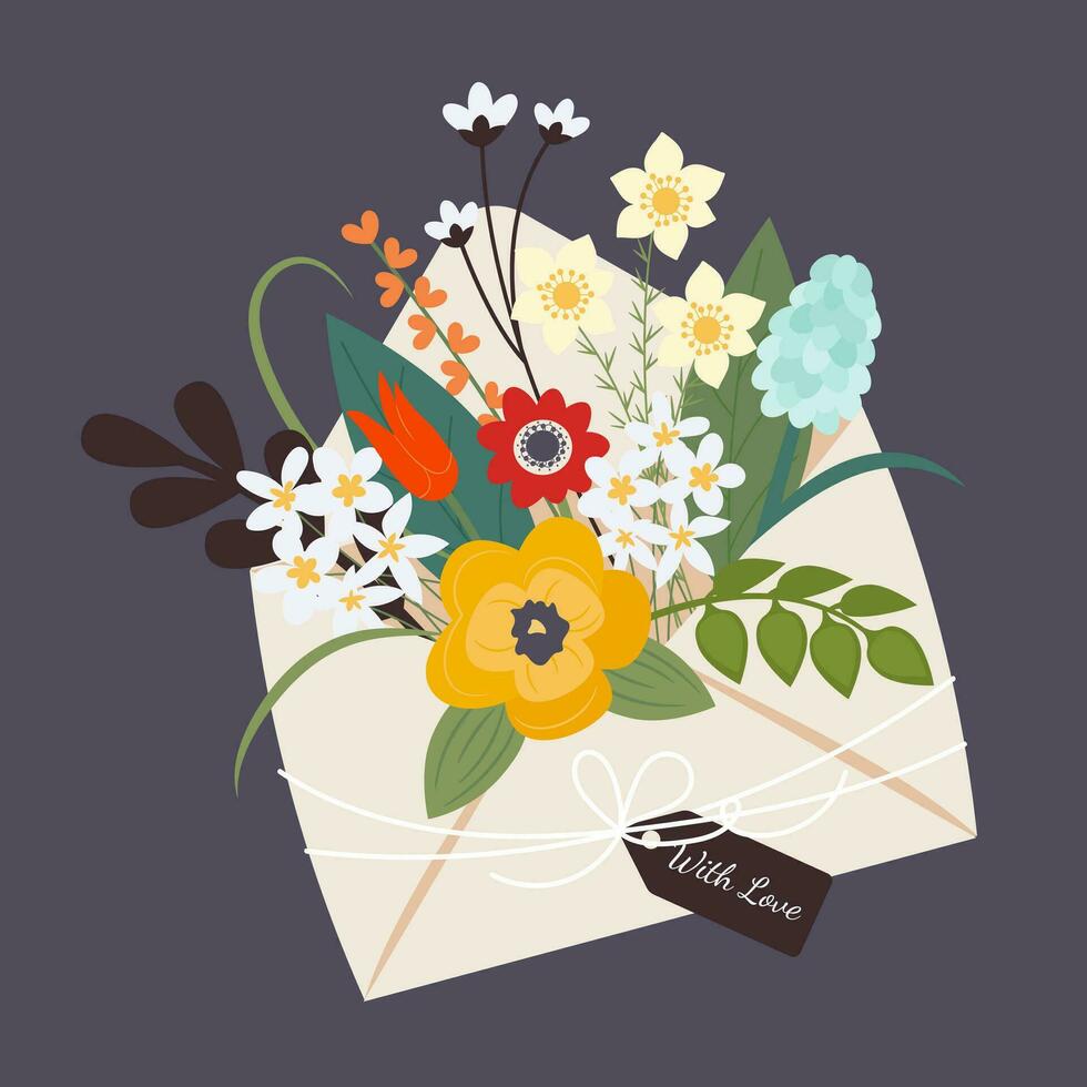 bukett av vår blommor inuti de kuvert och märka med kärlek. design mall för kort, affisch, flygblad, baner och Övrig använda sig av. vektor illustration platt stil