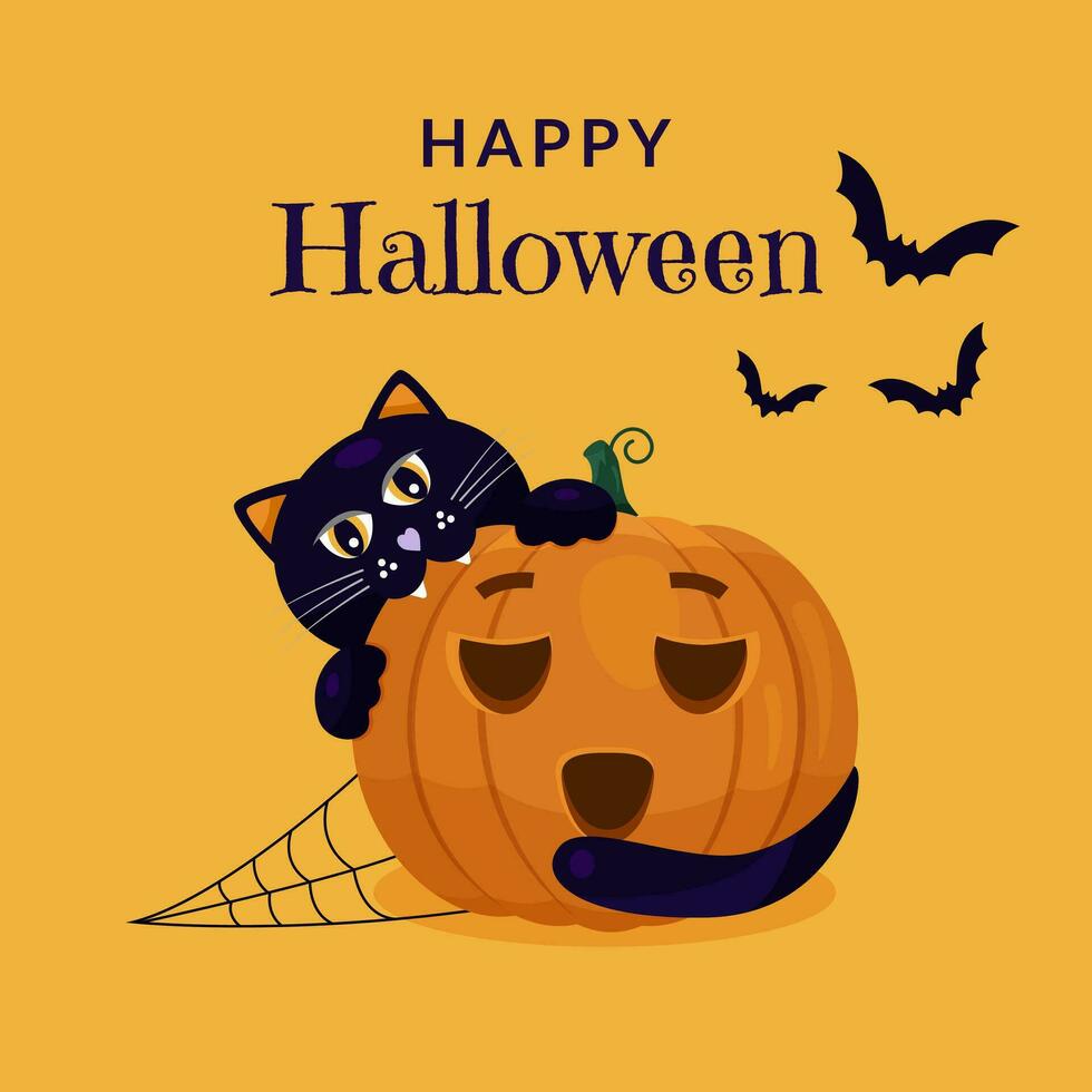 glücklich Halloween Einladung Karte. ein dunkel Katze sitzt auf ein Orange Kürbis mit Spinne Bahnen und Fledermäuse. Vektor Illustration