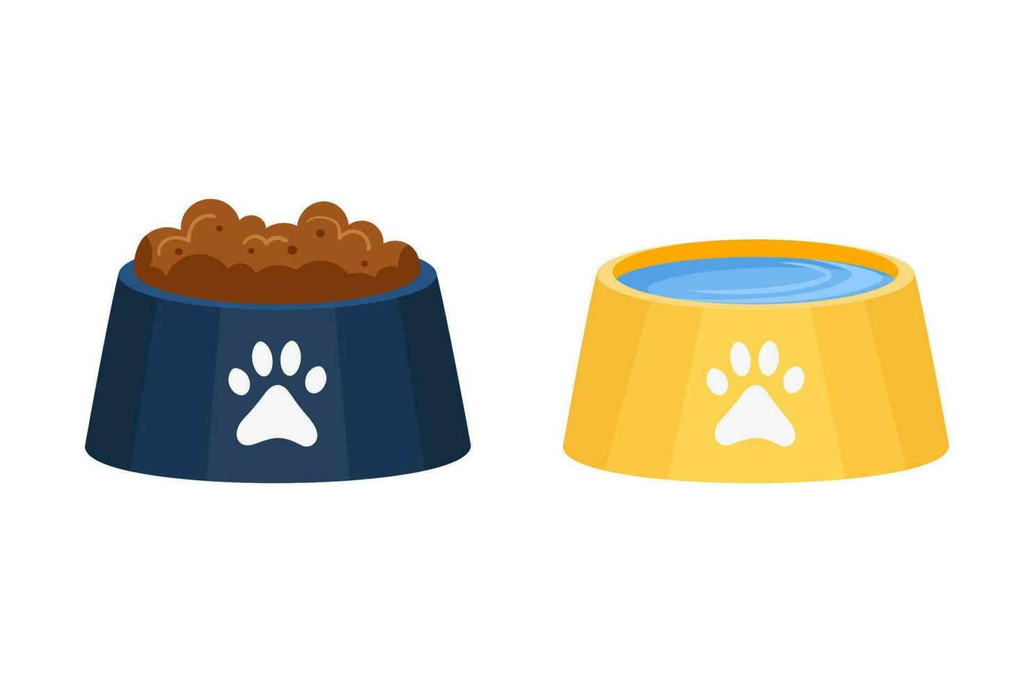 Schalen mit Essen und Wasser zum Hund und Katze. Individuell Futter Schüssel und trinken. Haustier Teller Symbole eben Karikatur Vektor Illustration