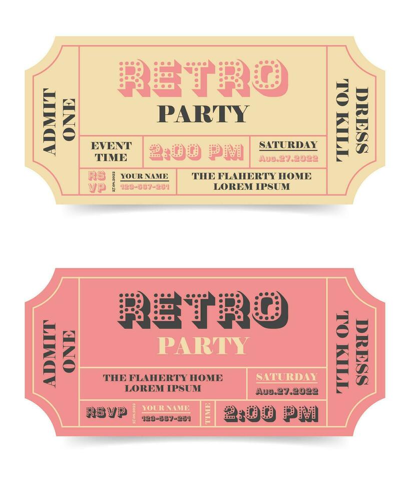 Jahrgang einstellen von Tickets im zwei Farben Vorlage. retro Party Einladung Karte Design. Name Festival Coupon mit Datum, Ort, Nummer. Vektor Illustration isoliert auf Weiß Hintergrund