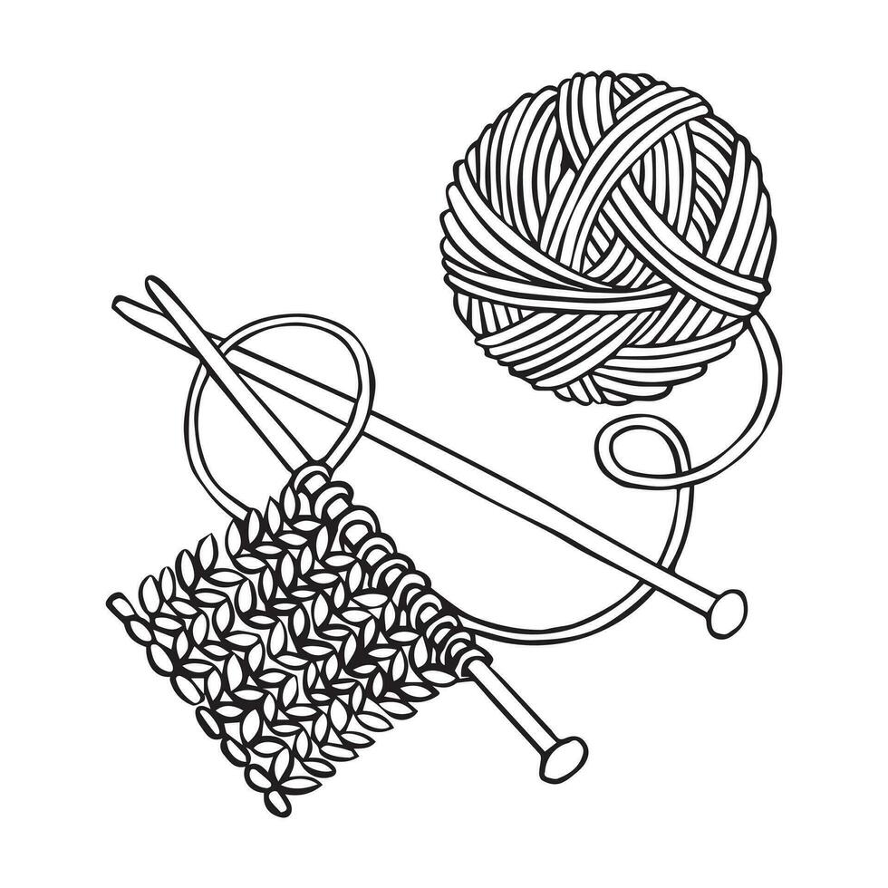 Vektor Zeichnung im Gekritzel Stil. ein Ball von wolle und Stricken Nadeln. Stricken, häkeln, Hobby