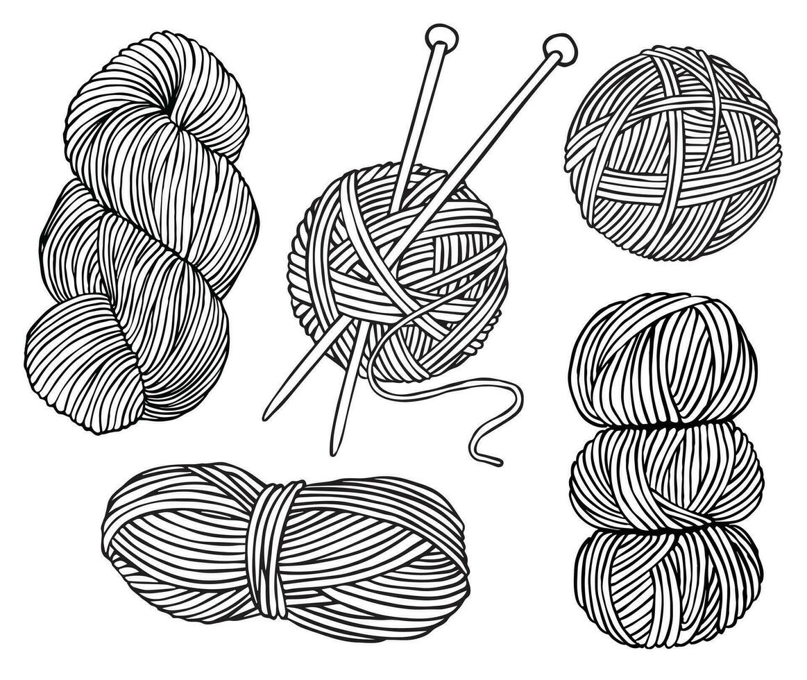 Vektor linear Zeichnung auf das Thema von Stricken. Ball von wolle, Strang, Stricken Nadeln. Gekritzel