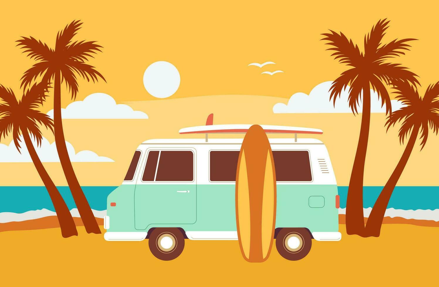 retro Mini van mit ein Surfbrett auf das Strand Vektor Illustration. Sommer- Meer Landschaft mit Palme Baum. Ferien Konzept