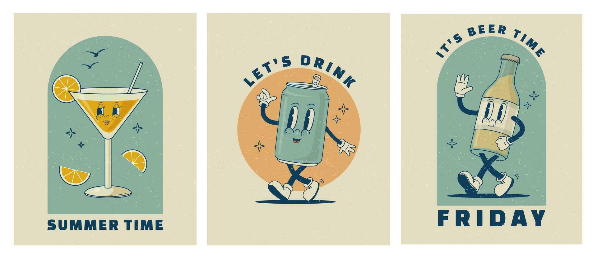 uppsättning av retro tecknad serie rolig tecken affischer. årgång dryck vektor illustration. Martini cocktail, öl, soda kan maskot. nostalgi 60, 70-talet, 80s