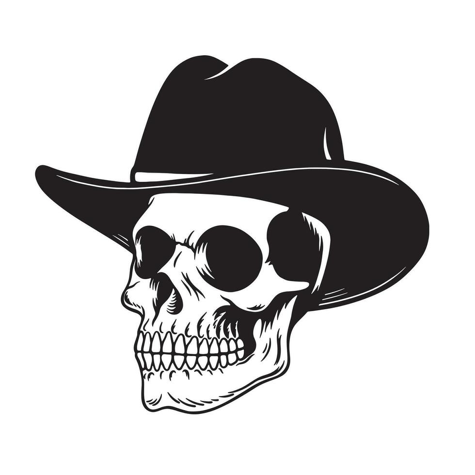 einfarbig schwarz und Weiß Schädel mit Cowboy Hut. Vektor Illustration drucken auf T-Shirts Jacke und Souvenirs. Jahrgang tätowieren Hand gezeichnet Stil