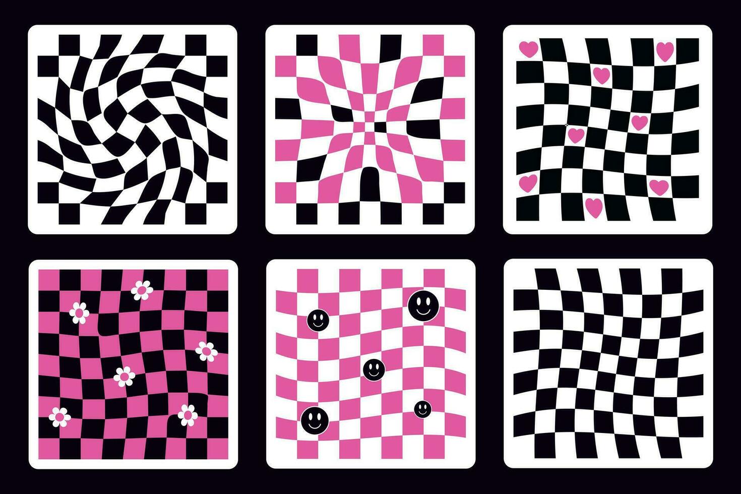 rutig mönster i trendig retro trippy stil. svart och rosa färger. vriden och förvrängd vektor i trendig retro psychedelic stil