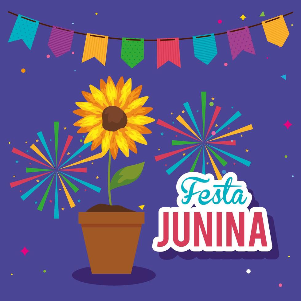 festa junina affisch med solros och dekoration vektor