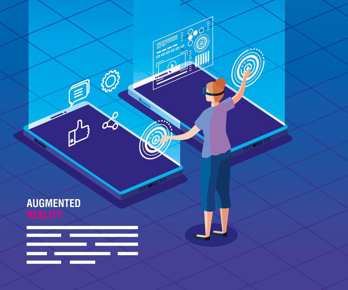kvinna med glasögon av förstärkt verklighet och smartphones vektor