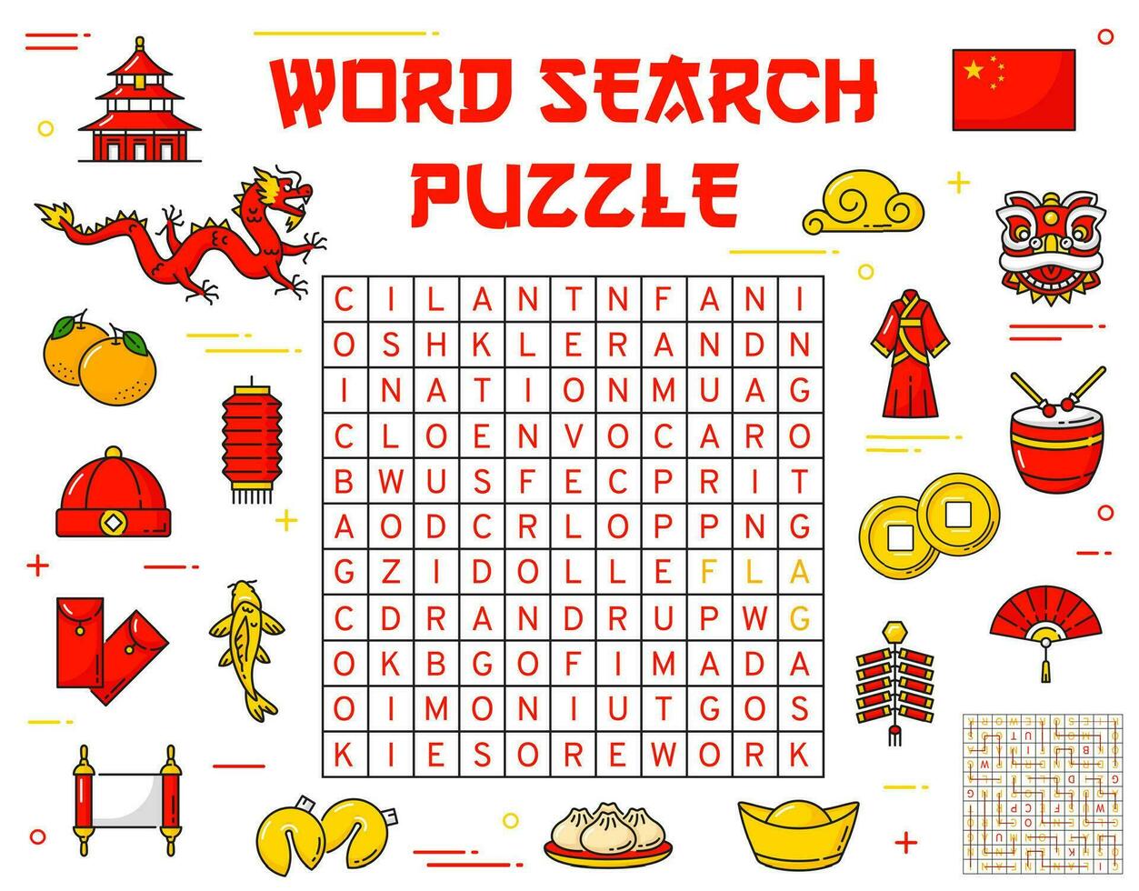 Chinesisch Ferien Artikel Wort Puzzle Spiel Arbeitsblatt vektor