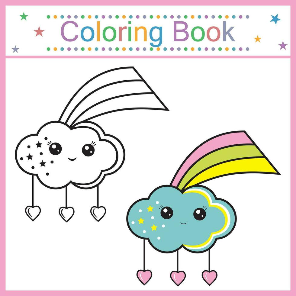 Färbung Buch zum Kinder Wolke mit Regenbogen kawaii, Vektor isoliert Illustration