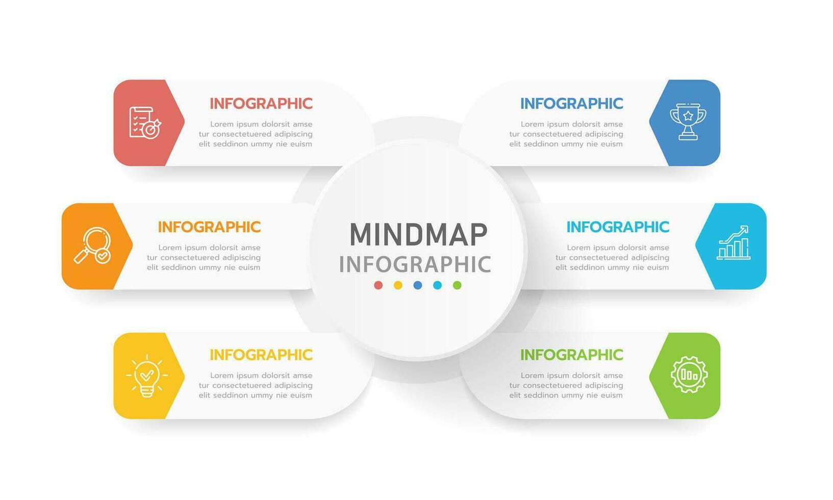Infografik-Vorlage für Unternehmen. 6 Schritte modernes Mindmap-Diagramm mit rechteckigen Themen, Präsentationsvektor-Infografik. vektor