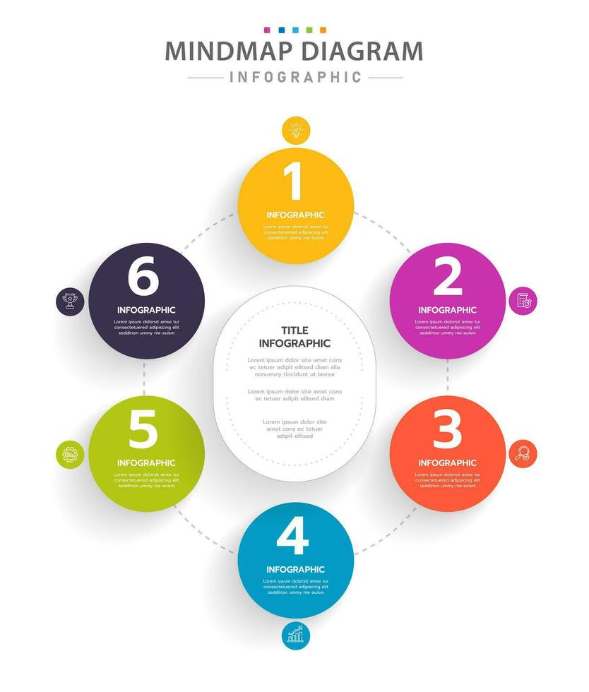 Infografik Vorlage zum Geschäft. 6 Schritte modern Mindmap Diagramm mit Kreis Themen, Präsentation Vektor Infografik.