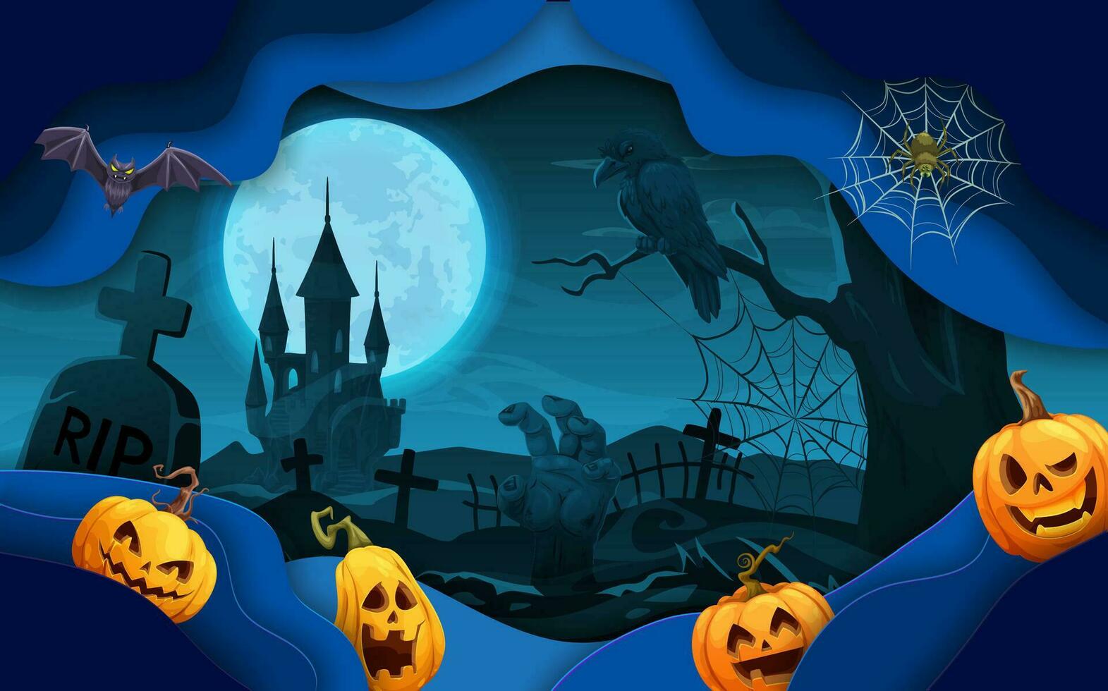 Halloween Papier Schnitt Mitternacht Schloss und Friedhof vektor