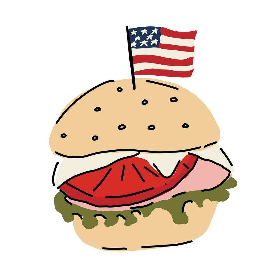 de 4:e av juli vektor illustration med hamburgare och amerikan flagga.