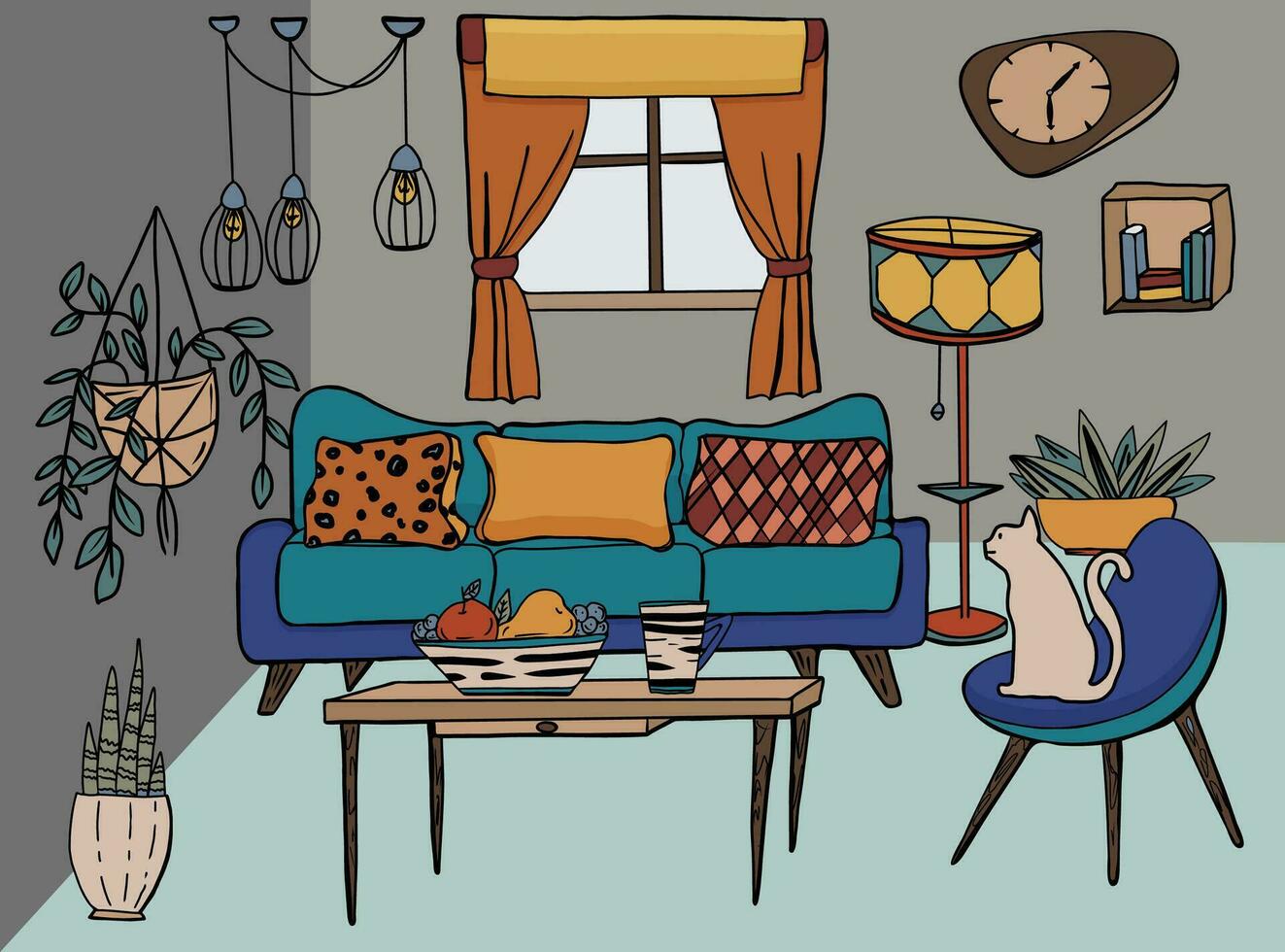 vektor interiör av levande rum, hand dragen tecknad serie illustration. klotter möbler i mitten århundrade stil.