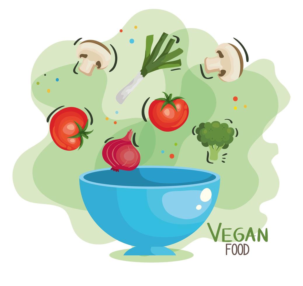 Veganes Essen Poster mit Schüssel und Gemüse vektor