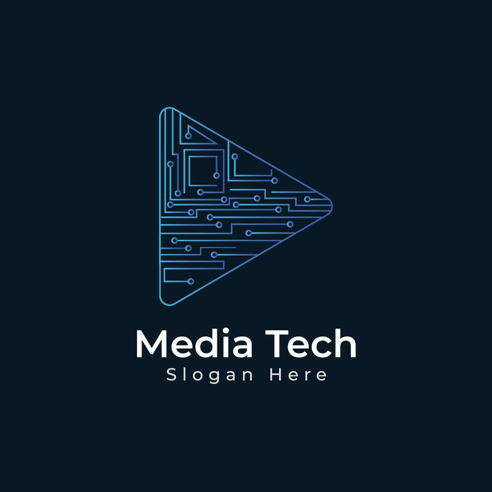 Medien Technik Logo Design Vektor Vorlage mit Technologie abspielen Taste oder Video Symbol Symbol.