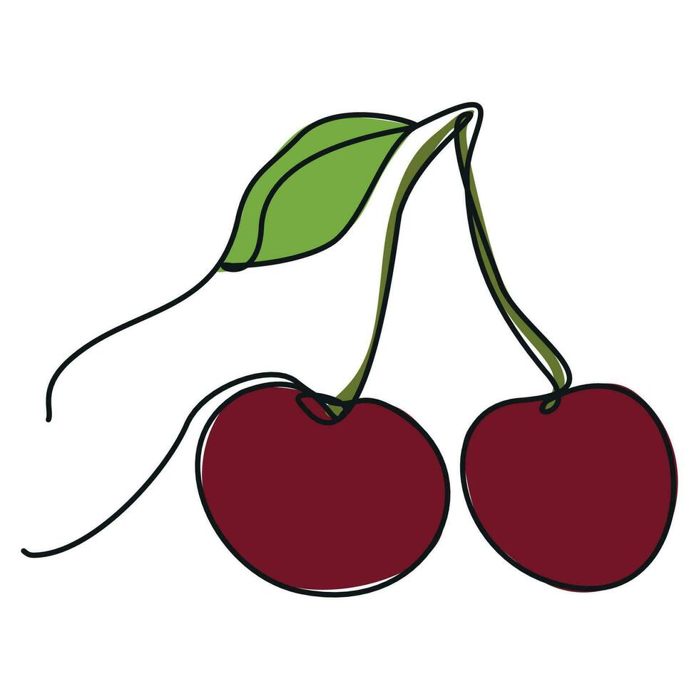 einer Linie Kunst Farbe Kirsche mit Blatt isoliert auf Weiß. kontinuierlich Linie Vektor Obst Illustration. gesund und Vitamin Essen Konzept. Design Element zum T-Shirt, Lebensmittelgeschäft Etikett, Einkaufen Tasche Drucken.