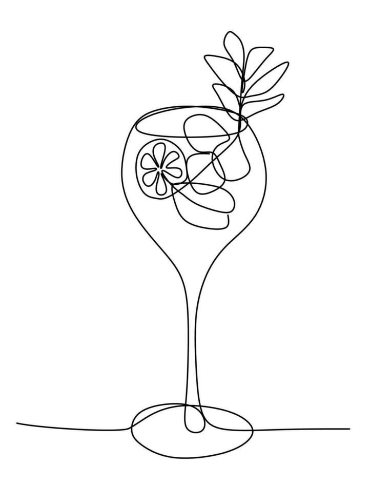 Mohito einer Linie Vektor Zeichnung. kontinuierlich Linie trinken mit Limette und Eis Würfel isoliert Illustration. Hand gezeichnet Symbol zum Design Kunst, T-Shirt Drucken, Bar oder Restaurant Etikett, Postkarte, Party Poster.