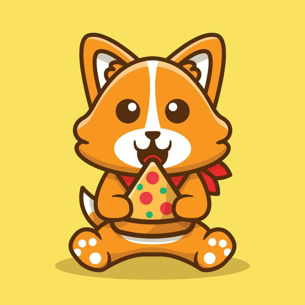 söt corgi hund äter pizza vektor tecknad serie illustration