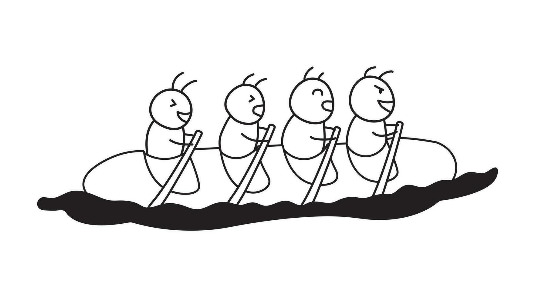 Hand gezeichnet Illustration Vektor Grafik Kinder Zeichnung Stil komisch süß Ameisen Reiten ein lange Brot Kajak Boot im ein Karikatur Stil