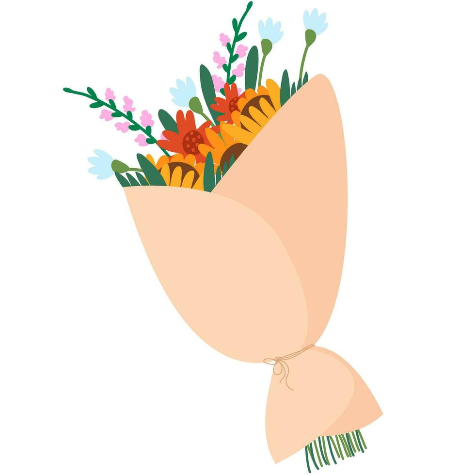 bukett med blomning blommor insvept i hantverk papper. design element för hälsning kort, inbjudan, klistermärken, vykort, affisch, skriva ut vektor