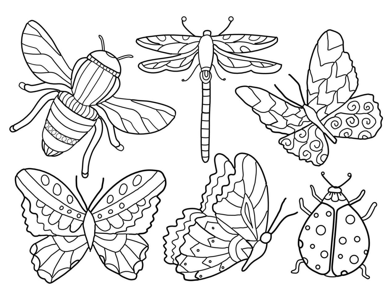 aufwendig linear Insekt Zeichnungen. Schmetterlinge, Biene, Marienkäfer, Libelle. Hand Zeichnung Färbung zum Kinder und Erwachsene. schön Zeichnungen mit Muster und klein Einzelheiten. Schmetterling Illustration. Vektor