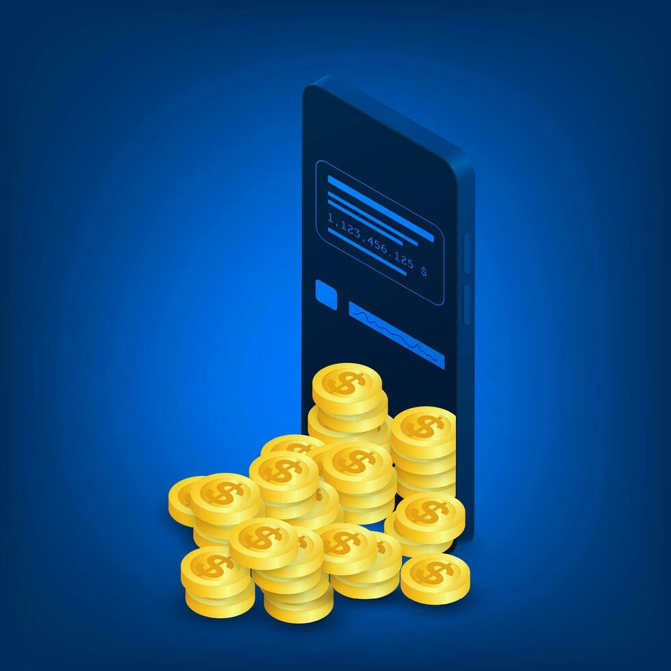 Vektor Finanzen und Handel online Anwendung Konzept. Mobiltelefon und Münzen isometrisch.