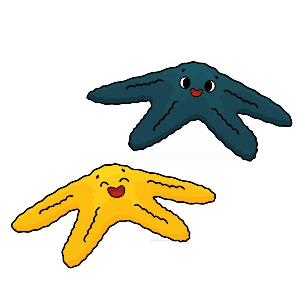 Satz von zwei Vektorumrisskarikatur bunte Seesterne oder Seesterne mit Augen lächeln Gekritzel marine wirbellose Tiere hell in gelb-blau auf weißem Hintergrund vektor