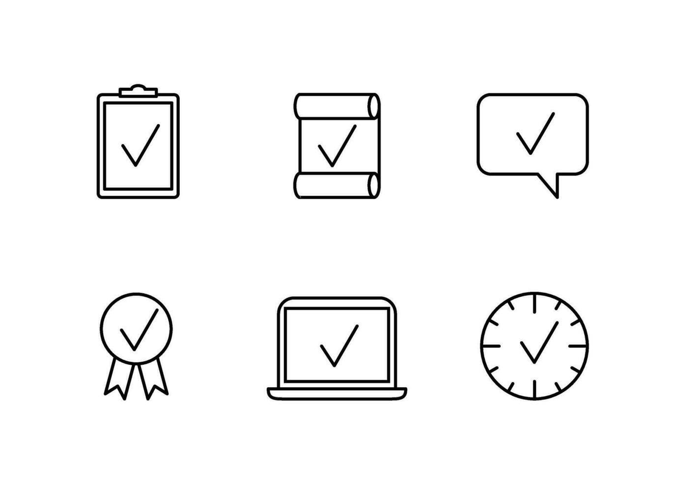 Qualität überprüfen, die Genehmigung Linie Symbole Satz. Garantie, akzeptiert dokumentieren, Genehmigung, vergeben, Checkliste, Erfolg Über Zeit, gut Kommunikation Vektor Illustration