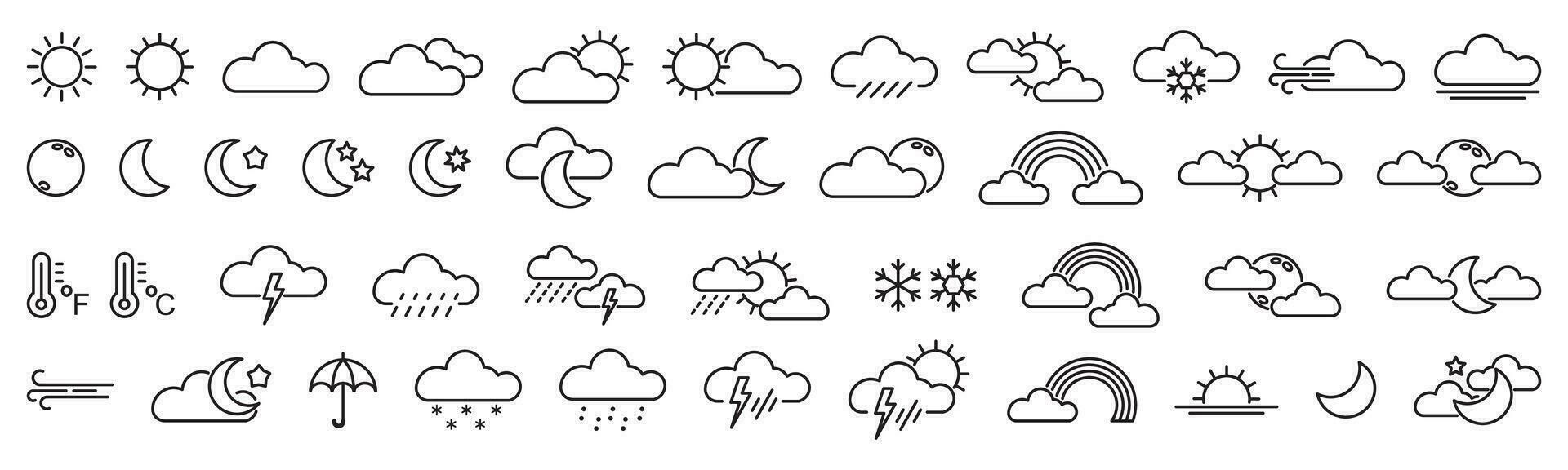 väder prognos, översikt webb ikon uppsättning, vektor linje ikoner samling. meteorologi symboler vektor illustration. redigerbar stroke.