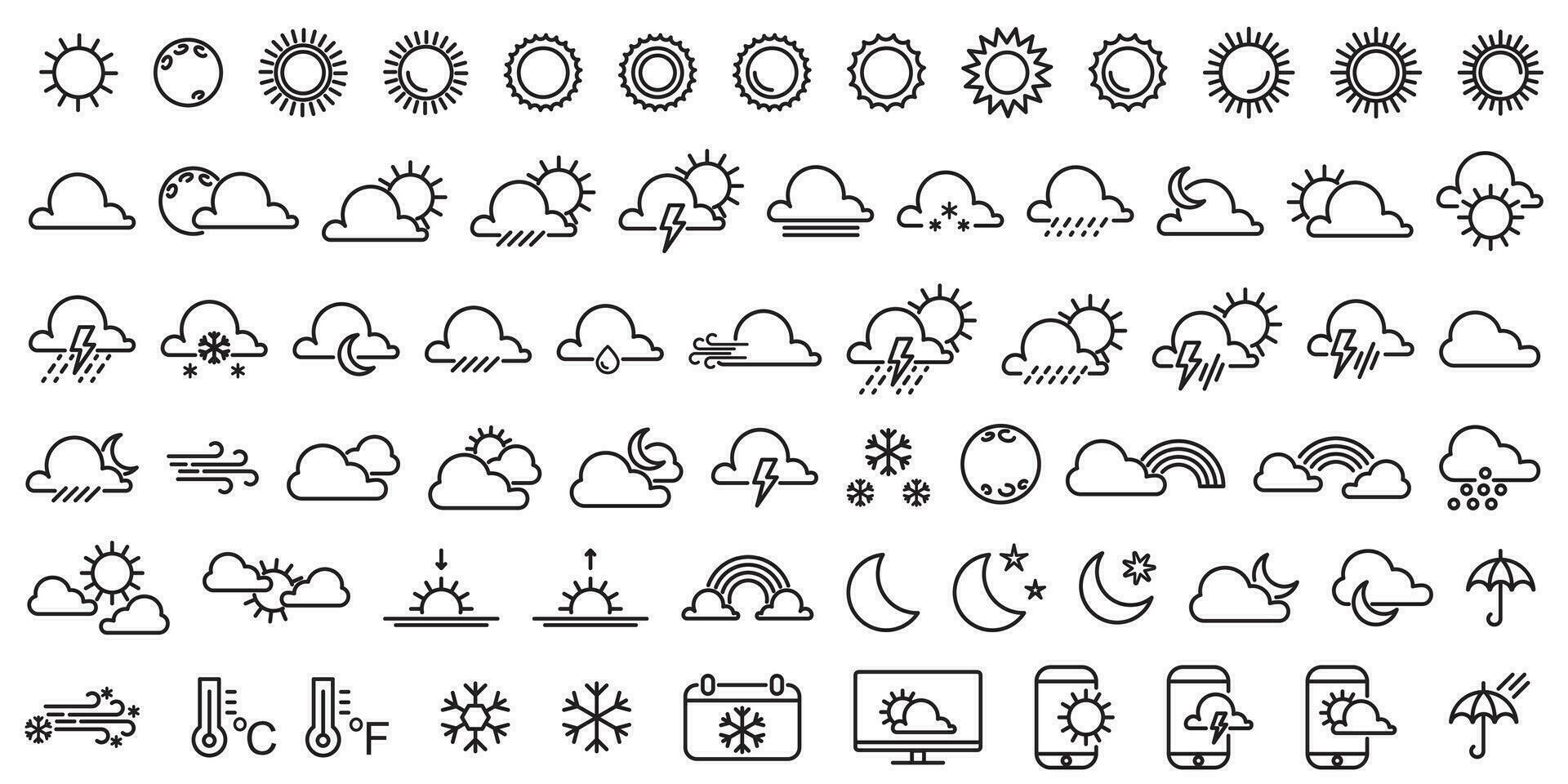 Wetter Vorhersage, Gliederung Netz Symbol Satz, Vektor Linie Symbole Sammlung. erweitert Schlaganfall.