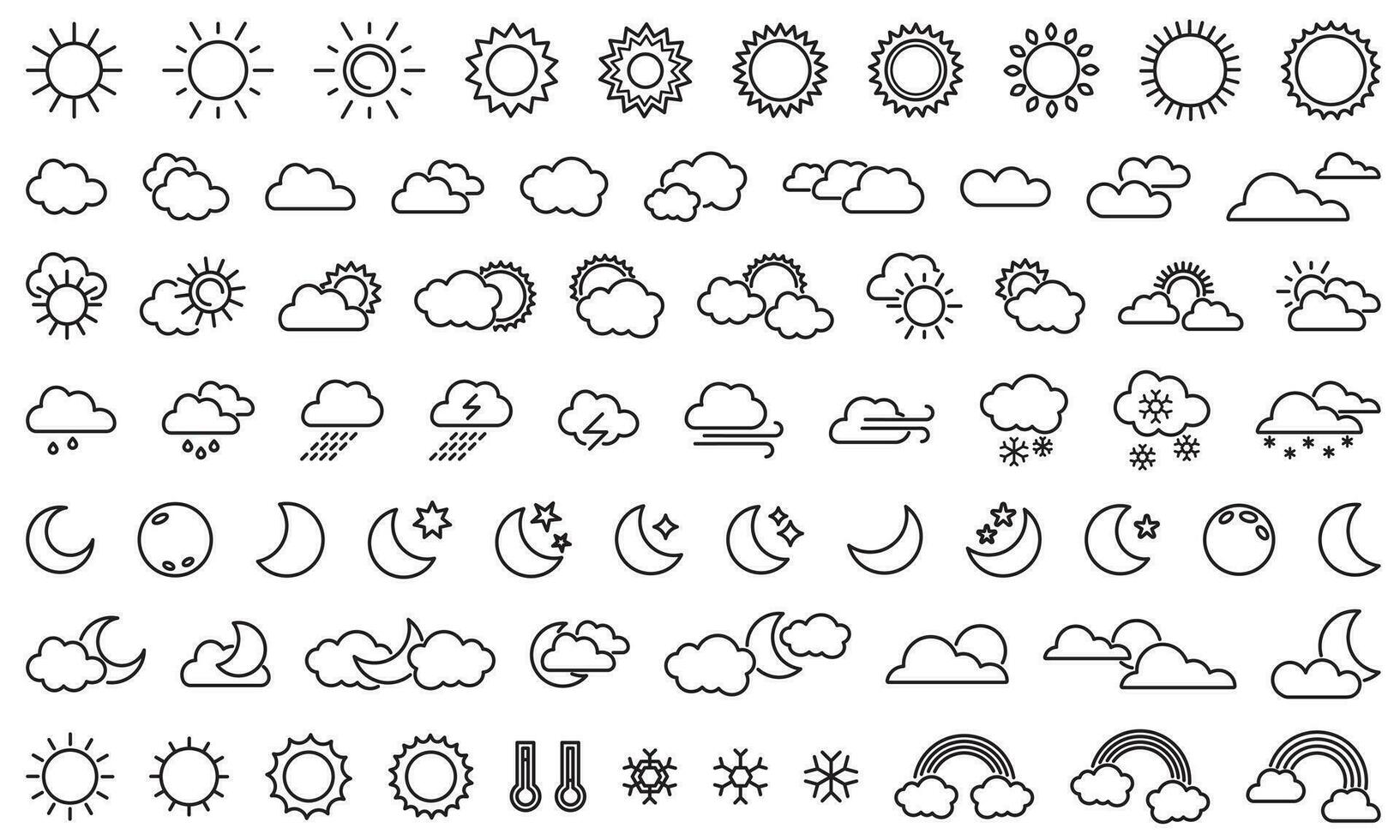 väder prognos, översikt webb ikon uppsättning, vektor tunn linje ikoner samling. expanderat stroke.